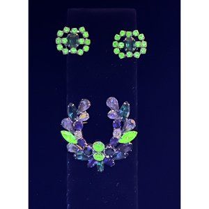 Vintage Wreath Brooch & Earrings Married Set Uranium Rhinestones MCM Unsigned